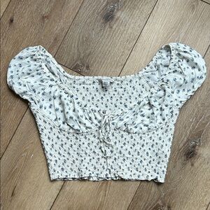 American Eagle Y2K Shabby Chic Floral Smocked Cropped Puff Sleeve Top Ivory S